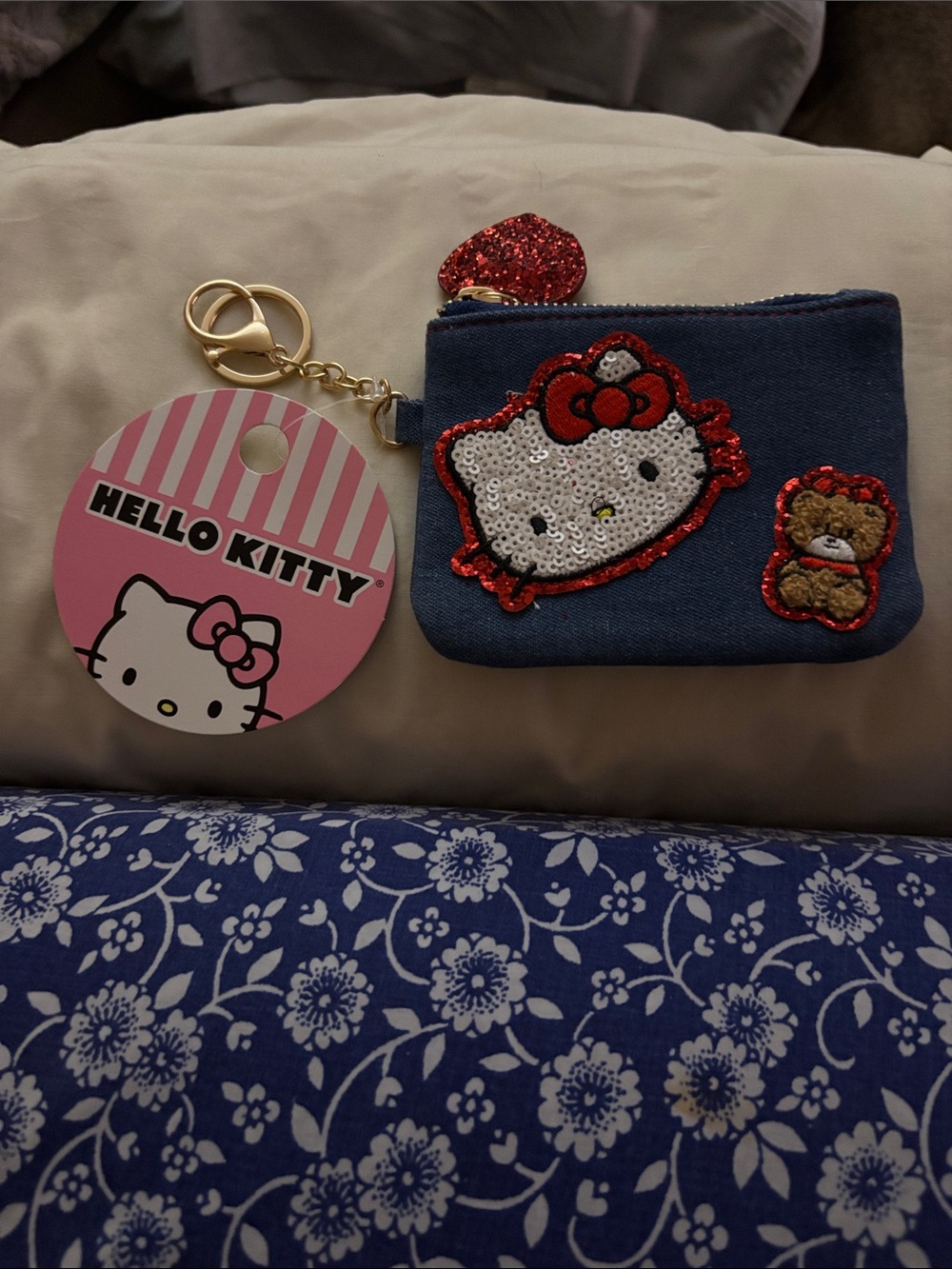 Hello Kitty Navy Coin Pouch with Red Sequin Patch Keychain